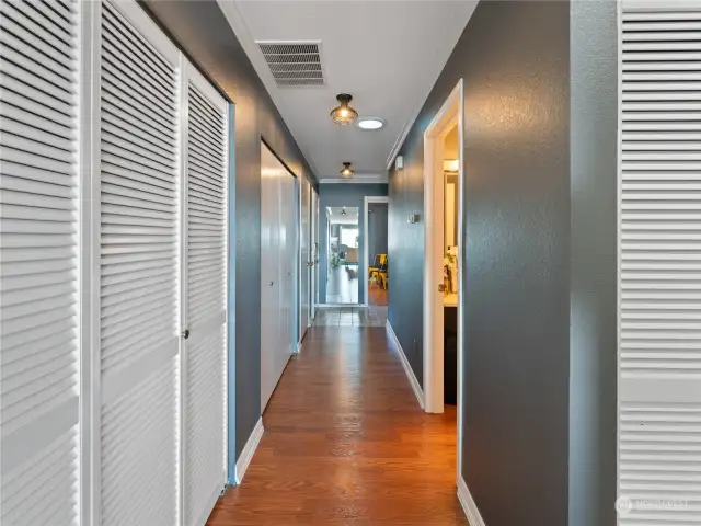 Hallway with wonderful storage closets.