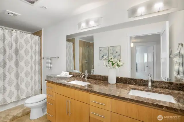 Beautiful 5-pc Main Bath, walk-in shower AND separate bathtub, double sinks with plenty of counter space!