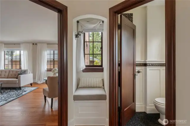 Kitchen circles back to the formal entry and powder room