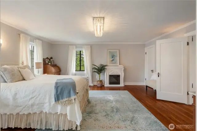 A cozy electric fireplace adds ambiance and warmth
