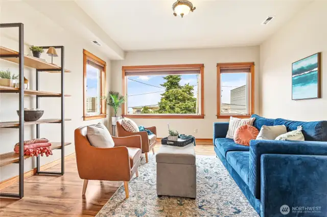 Beautiful living room that looks out onto the bay and downtown Bellingham.