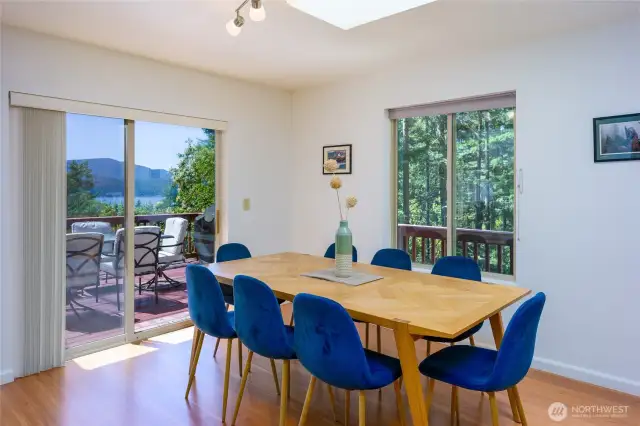 A sliding glass door opens to the deck, effortlessly blending indoor comfort with outdoor living