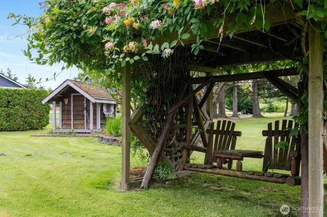 There is honeysuckle and wisteria growing over the covered dual swing in the rear yard. The playhouse to the left does encroach into the lot behind and needs to be moved forward.