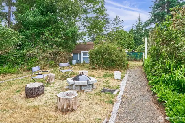 Gravel path leads to garden shed.