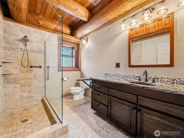 Main Floor Bath with Gorgeous Granite and Heated Floors.
