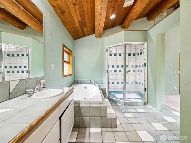 Primary Bath with Soaking Tub and Walk In Shower.