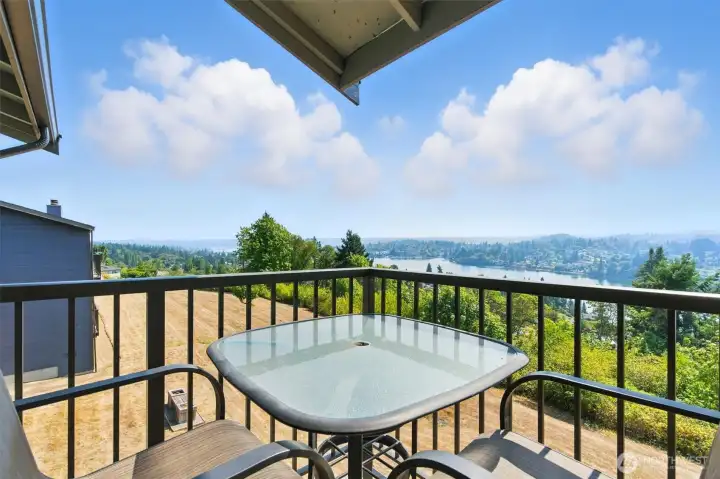 The private balcony offers views of Mt. Rainier (not visible in this photo due to the wild-fire smoke)