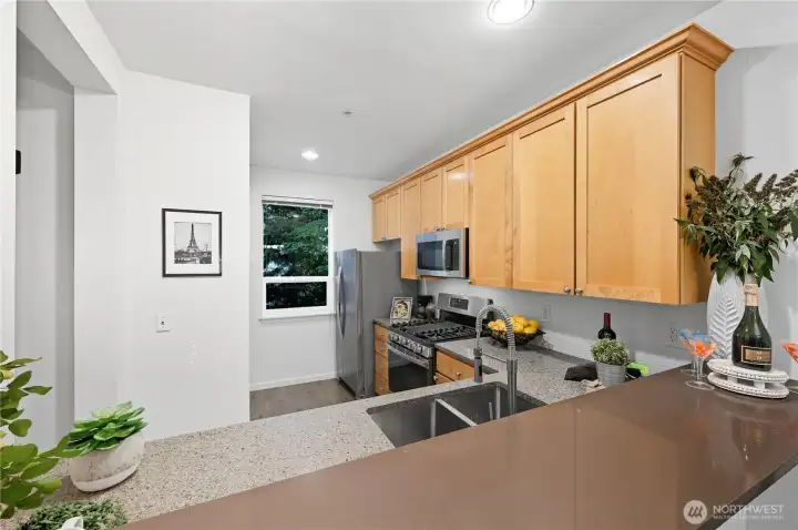 Open raised bar area offers space for two to four barstools to enjoy   watching the Chef create a wonderful meal  " the heart of the HOME"