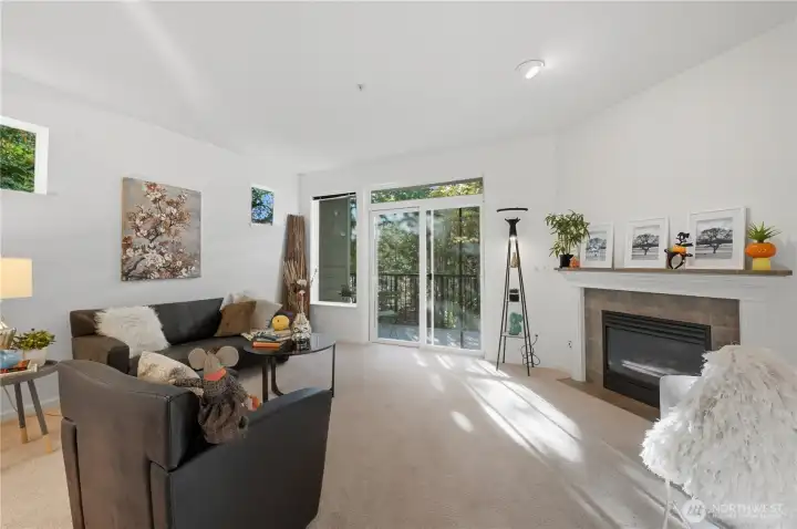 Cozy up to the warm gas fireplace