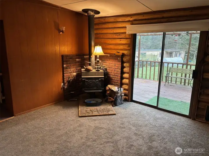 Wood stove in living room.