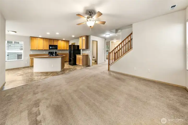 Another view of the family room, looking into the kitchen