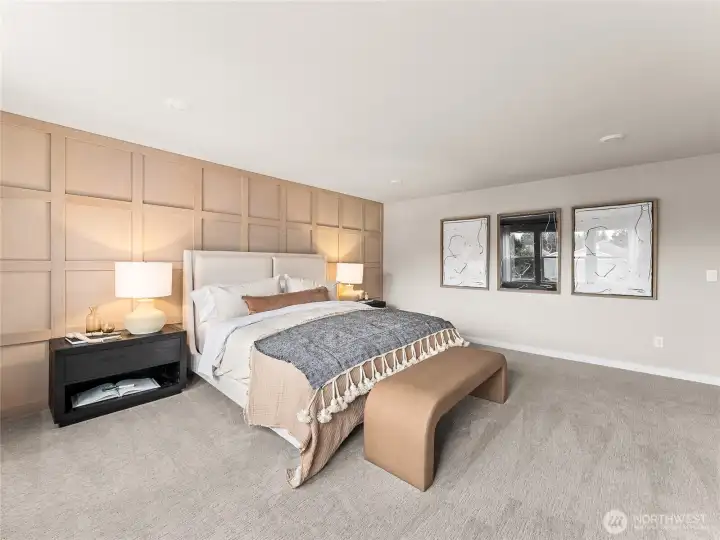 Another great view of the primary bedroom. Photo is representational. Actual home is under construction and finishes and colors will vary. See site agent for details.