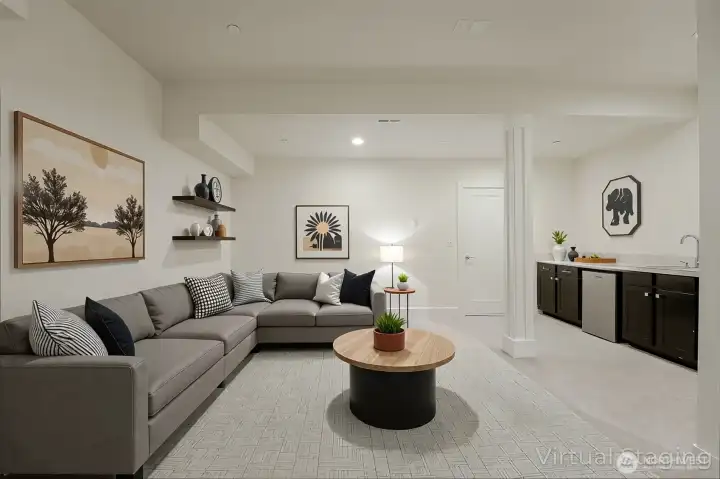 M-I-L Media Room (speaker control) with pantry and mini fridge. Virtual staged