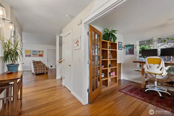 One set of double french doors leads to a bright airy office.