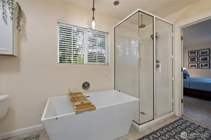 Complimented with an elegant modern soaking tub.