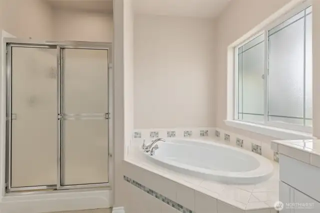 Primary bath soaking tub and separate walk-in shower.