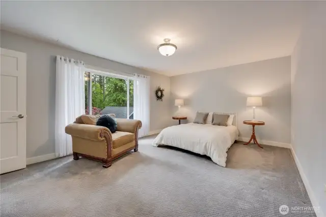 The second Primary Suite is expansive and overlooks the patio area.