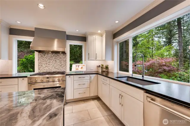 Let the sun shine in! Look at those beautiful granite counters and the stunning Bardiglio marble island.