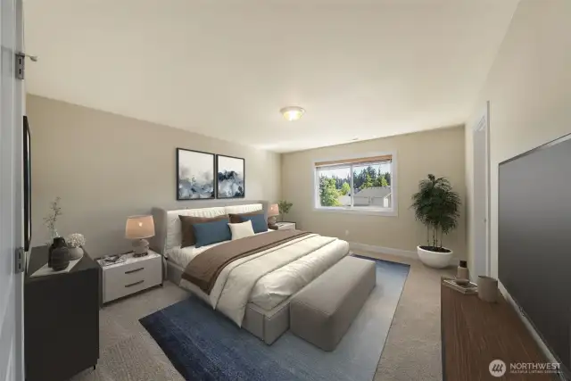 Enter the primary bedroom through French doors. (virtually staged)