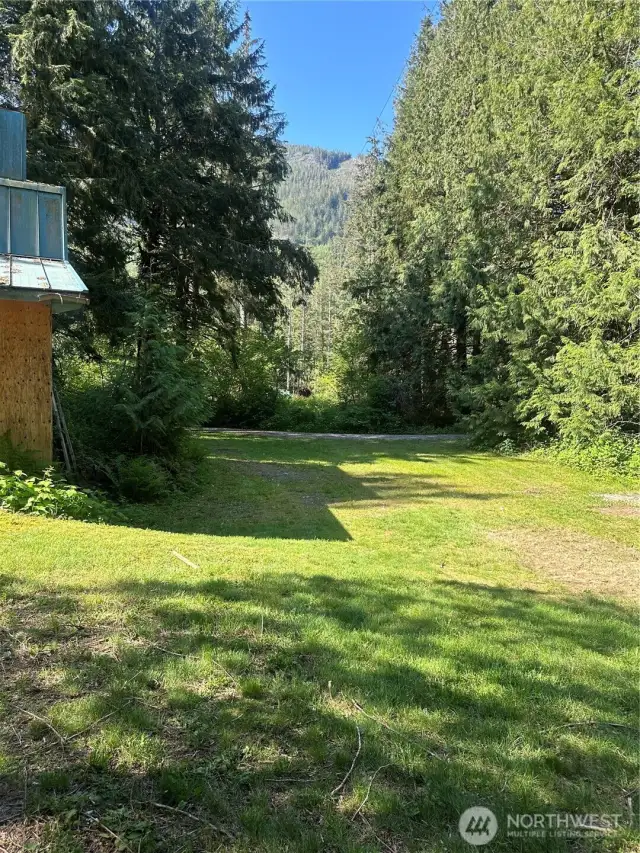 Area around outbuilding and below house