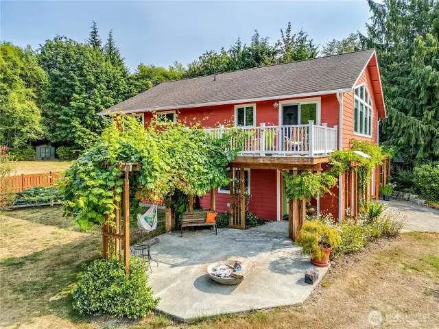 Red and White grapes cover this outdoor space