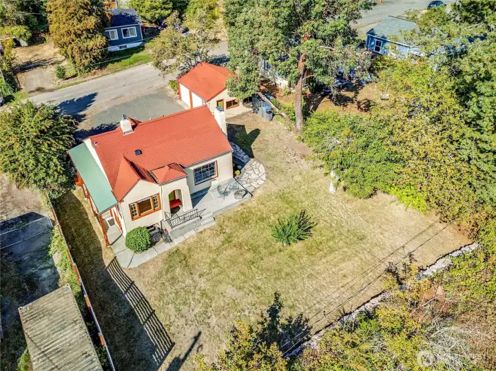 Ariel view of the home and backyard.