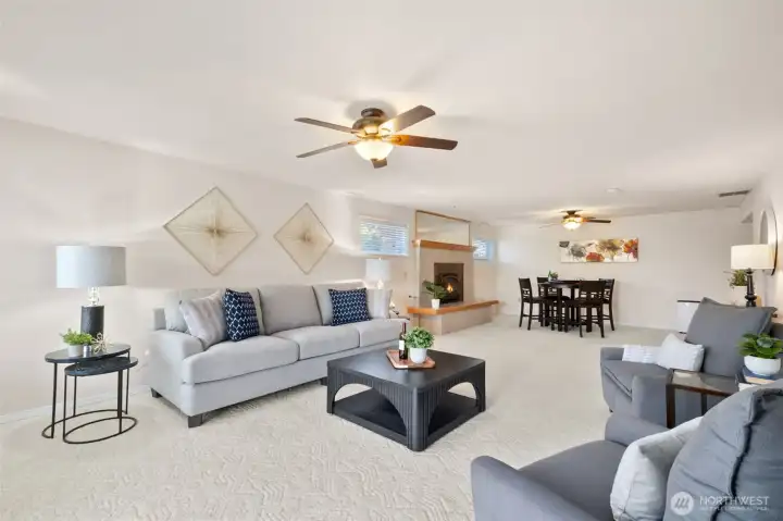 Ceiling fans -- Gas fireplace -- A lot of space -- Would be great for ADU (enter via slider) / a pool table / play room / media room, just darken those windows! Work or School from home?