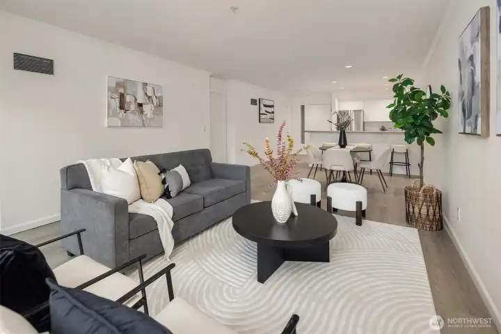 Blended living and dining area is perfect for larger gatherings.