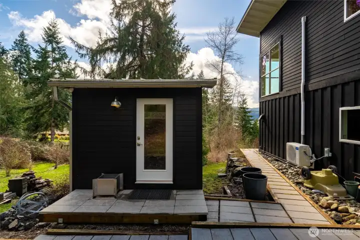 Small custom shed is powered and ready for your hobbies.