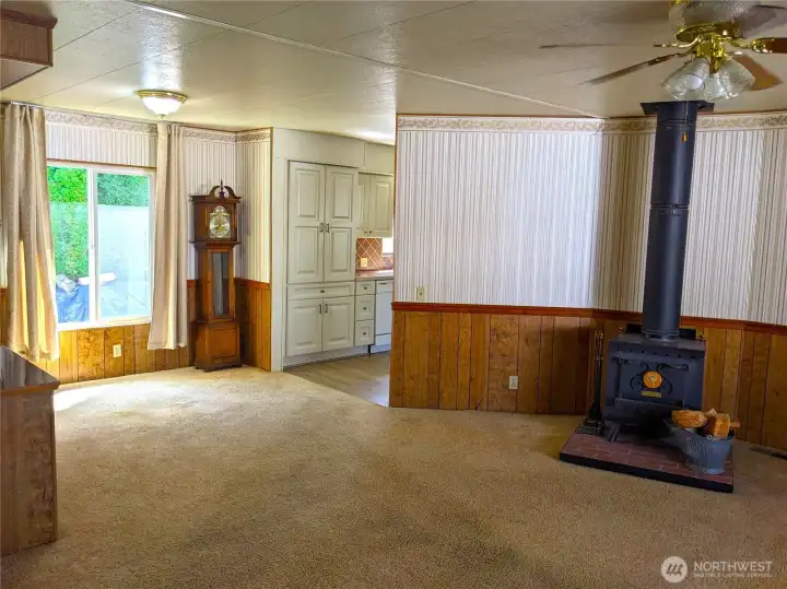 The Living Room has a newer Free Standing wood burning stove