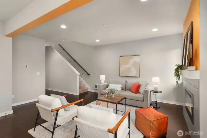 Living room with inviting electric fireplace