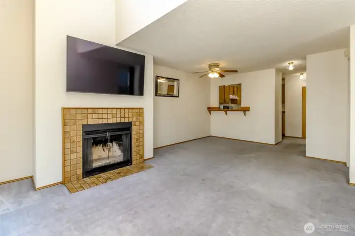Wood-burning fireplace, TV stays Wood-burning fireplace, TV stays