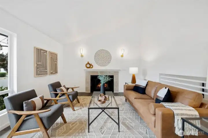 Vaulted ceilings and wood-burning fireplace Vaulted ceilings and wood-burning fireplace