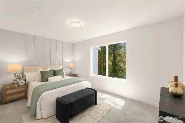 Step into the primary model suite—a tranquil retreat bathed in soft natural light. From the custom wall detail to the spacious layout, this room offers the perfect balance of luxury and relaxation.