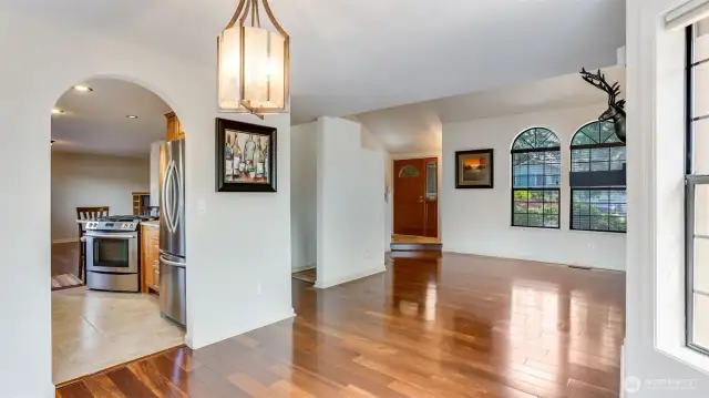 View from the dining area, peering into the kitchen and family room.