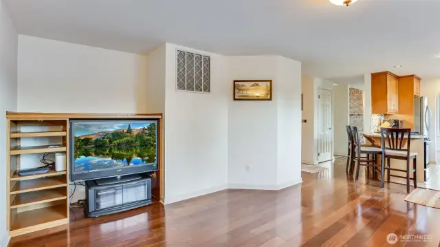 Another view of the family room, great cut-outs are perfect for storage or media center.