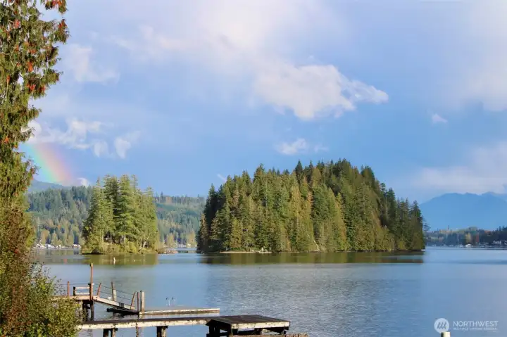 Fall views of the islands and rainbow from the dock.