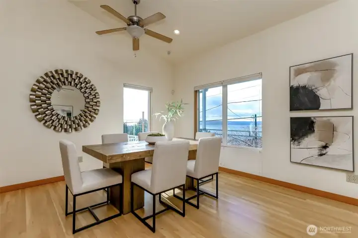 Dining area with large view windows with blinds