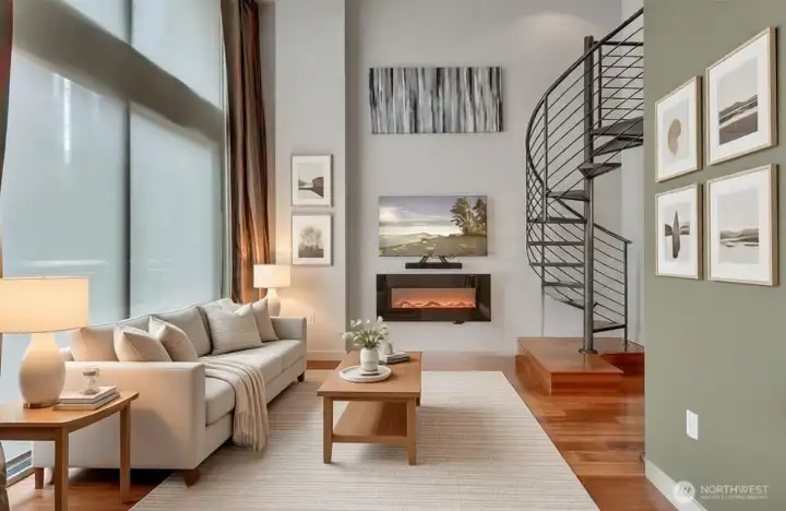 Virtually staged greatroom with high ceilings.