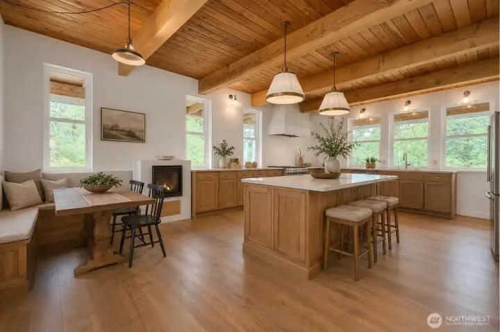 Rendering of kitchen potential with a few cabinets and island added.