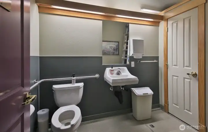 The bathroom in the lobby.