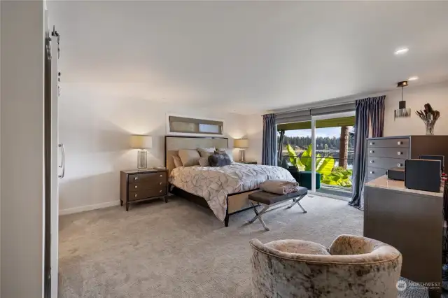 Large primary suite on the main floor has plenty of room for king sized bed & seating.  (barndoors to bath on left).  Banana Palms on the property are stunning.