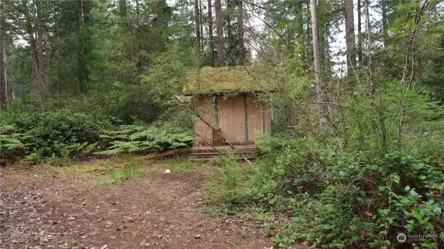 open area with storage shed