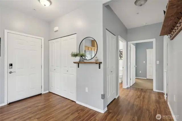 Front entry way is ADA compliant. A washer and dryer are located adjacent to the main entry.