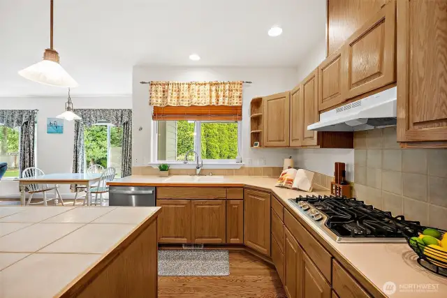Large open kitchen that looks out to the covered back deck