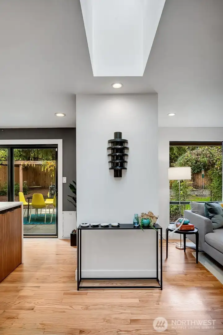 The skylight above filters light even on darker days.