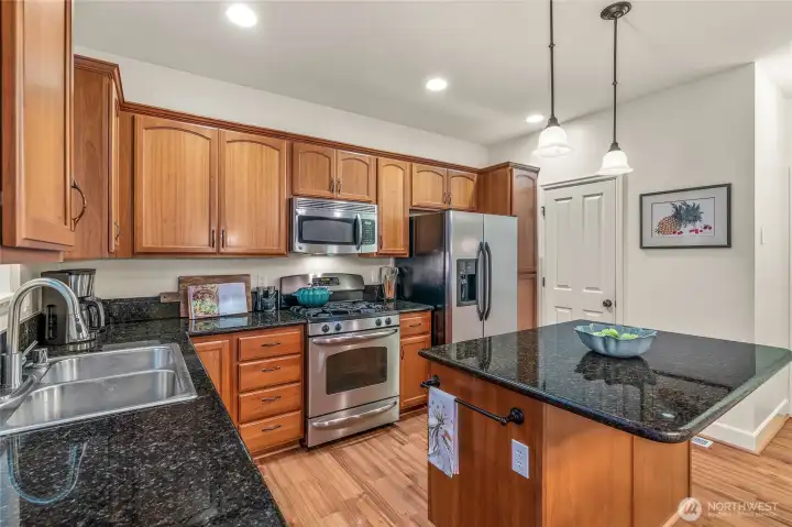 Chef’s kitchen with granite counters, stainless steel appliances, and ample cabinetry