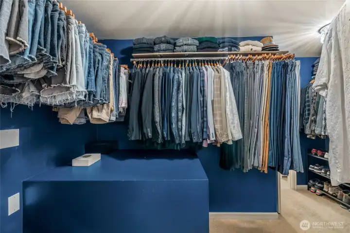 Spacious walk-in closet with built-in shelving and storage solutions