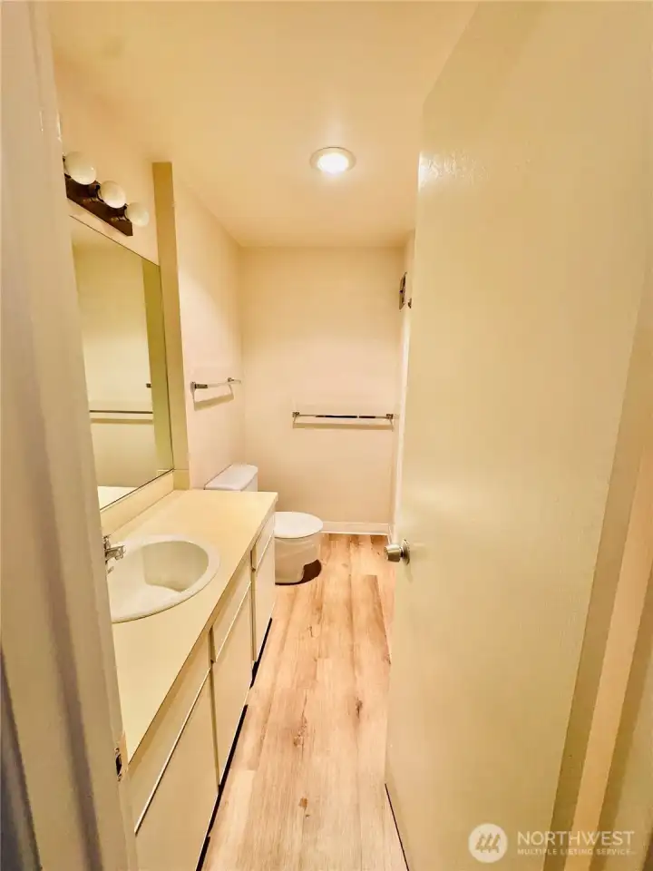 Large bathroom with plenty of space to convert to a double sink. Large bathroom with plenty of space to convert to a double sink.