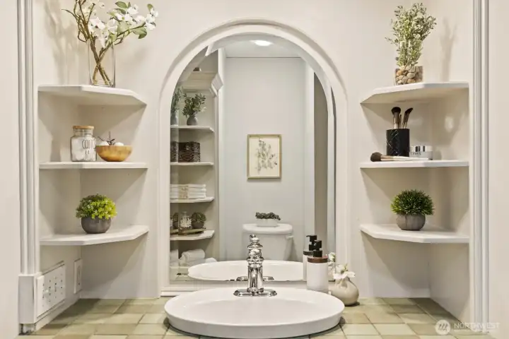 Charming built-in shelves give the space character and flair.